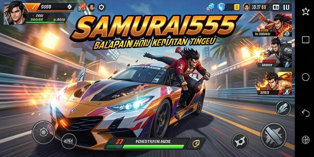 Screenshot utama SAMURAI555 menampilkan aksi balapan mendebarkan dan kendaraan yang cepat.
